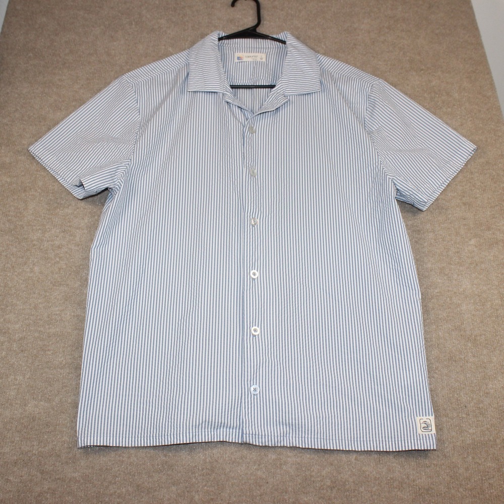 Laguna Swim Mens Large Blue White Striped Short Sleeve Camp Collar Button Shirt